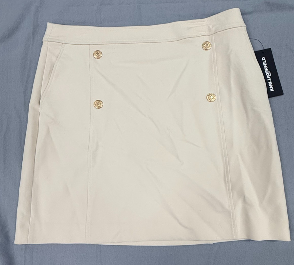 Karl Lagerfeld Paris Mini Skirt Women 12 Ivory Gold Button A-Line Minimalist NWT